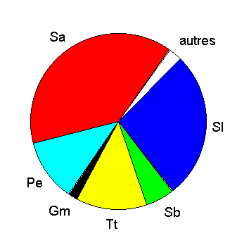 Sa dauphin tacheté - Sl dauphin à long bec - Tt grand dauphin - Pe dauphin d’Electre - Sb dauphin à bec étroit Gm = globicéphale tropical - autres= 4 espèces (orque, faux orque, orque pygmée, dauphin de Risso)